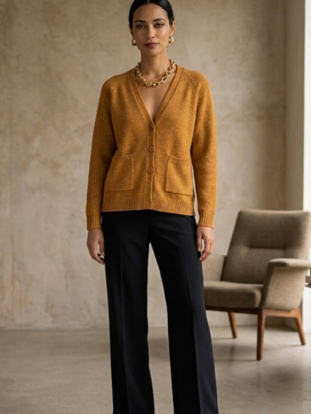 Nice Things Ochre Mustard Yellow Knit V-Neck Cardigan - Size S